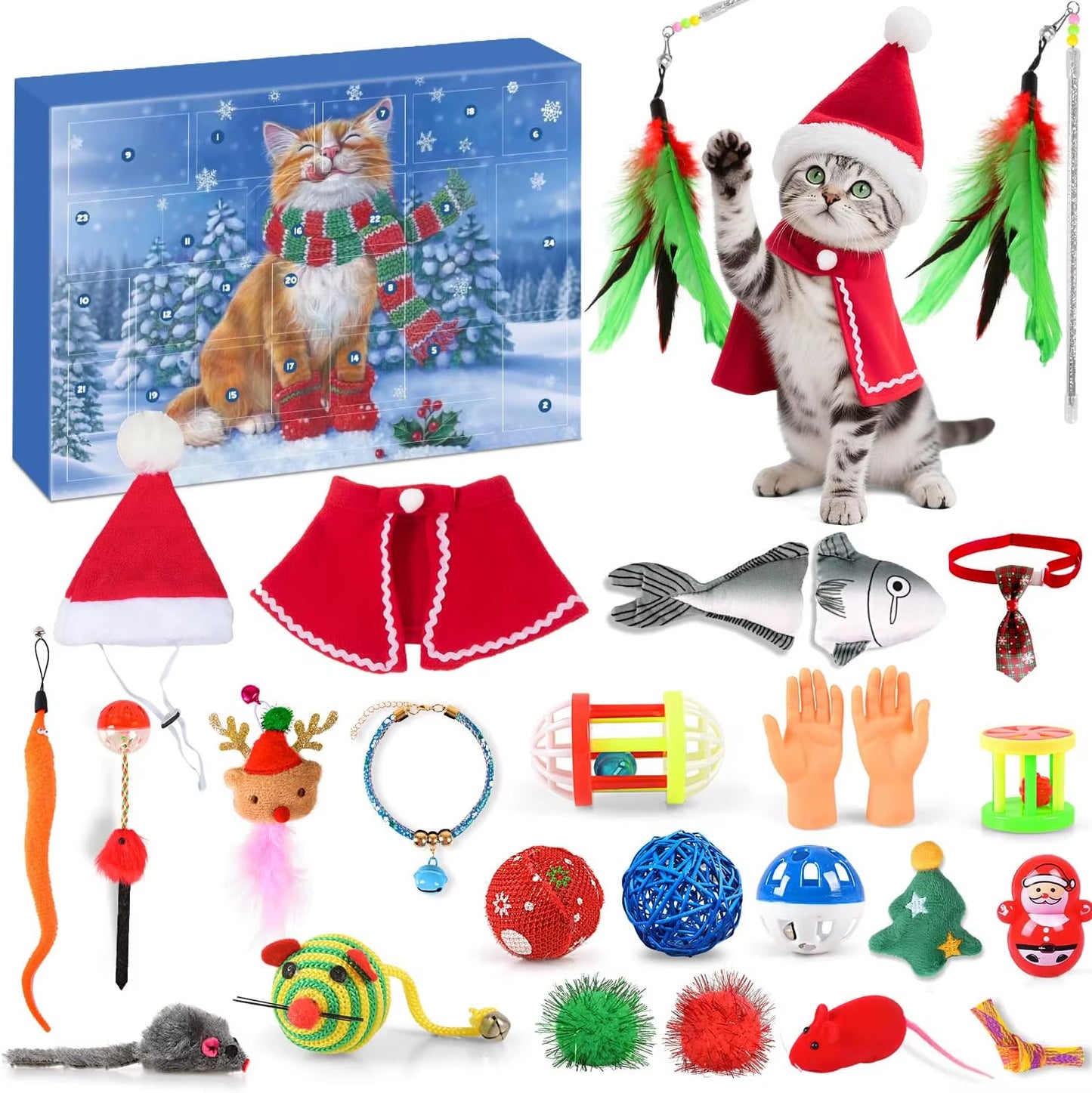 Cat Advent Calendar 2025 Christmas Interactive Toys for Indoor Christmas Gifts Fake Mouse Bell Balls for Cat Lover Gifts