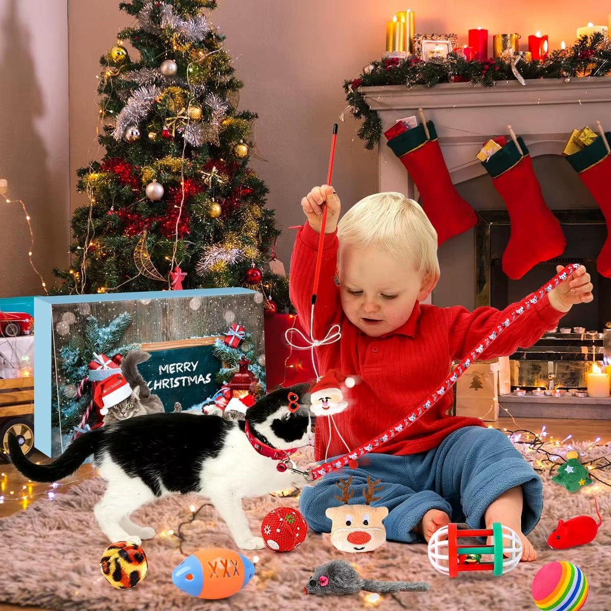 Cat Advent Calendar 2025 Christmas Interactive Toys for Indoor Christmas Gifts Fake Mouse Bell Balls for Cat Lover Gifts