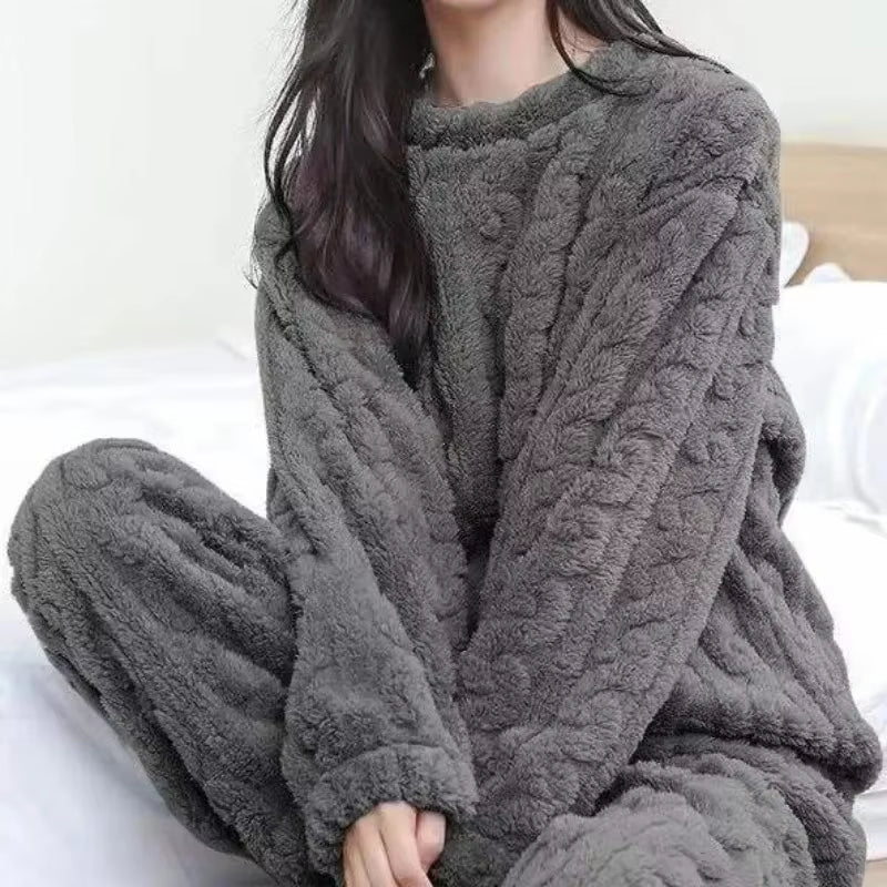 Women Warm 2 Piece Sets Thicken Velvet Ribbed Fleece Set Pullover and Pants Casual Pajama Sets Women Autumn Winter 2024