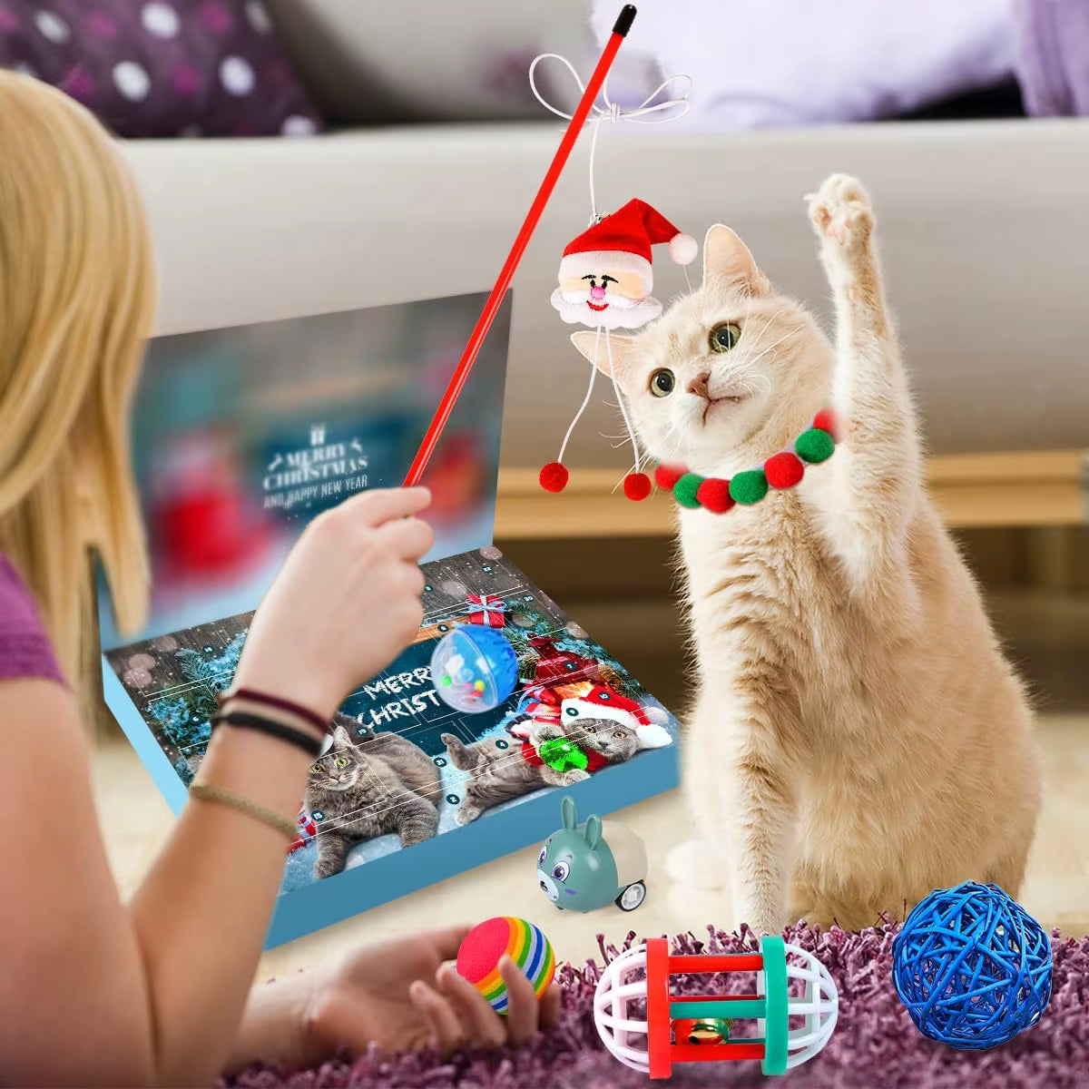 Cat Advent Calendar 2025 Christmas Interactive Toys for Indoor Christmas Gifts Fake Mouse Bell Balls for Cat Lover Gifts
