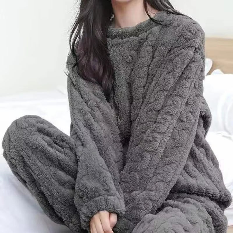 Women Warm 2 Piece Sets Thicken Velvet Ribbed Fleece Set Pullover and Pants Casual Pajama Sets Women Autumn Winter 2024