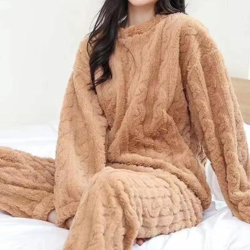 Women Warm 2 Piece Sets Thicken Velvet Ribbed Fleece Set Pullover and Pants Casual Pajama Sets Women Autumn Winter 2024