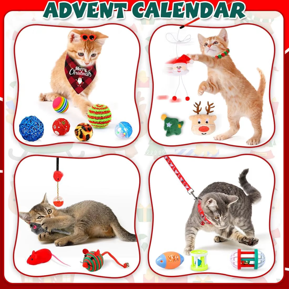 Cat Advent Calendar 2025 Christmas Interactive Toys for Indoor Christmas Gifts Fake Mouse Bell Balls for Cat Lover Gifts