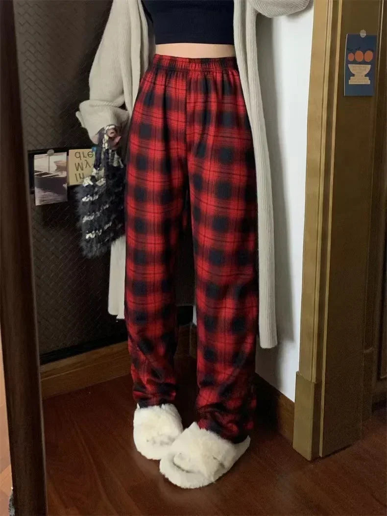 Fashion Warm Plush Pants Cashmere Thick Plaid Ladies Winter Casual Loose Wide-Legged Pants Korean Streetwear Students