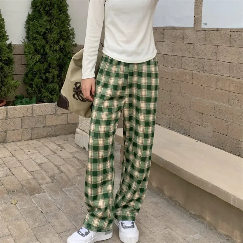 Fashion Warm Plush Pants Cashmere Thick Plaid Ladies Winter Casual Loose Wide-Legged Pants Korean Streetwear Students