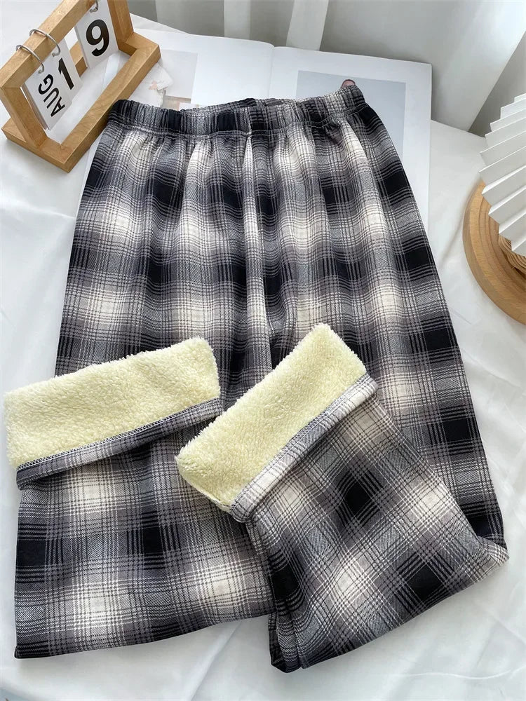 Fashion Warm Plush Pants Cashmere Thick Plaid Ladies Winter Casual Loose Wide-Legged Pants Korean Streetwear Students
