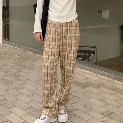 Fashion Warm Plush Pants Cashmere Thick Plaid Ladies Winter Casual Loose Wide-Legged Pants Korean Streetwear Students