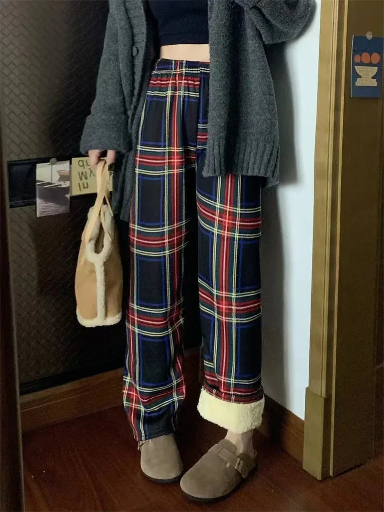 Fashion Warm Plush Pants Cashmere Thick Plaid Ladies Winter Casual Loose Wide-Legged Pants Korean Streetwear Students