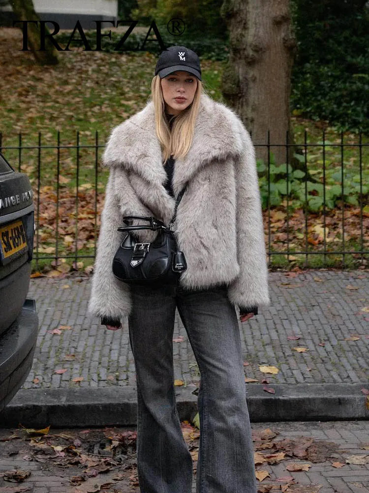 TRAF 2024 Women Fashion Cropped Faux Fur Jacket Coat Long Sleeve Front Snap-Button Female Outerwear Chic Lapel Collar Thick Coat