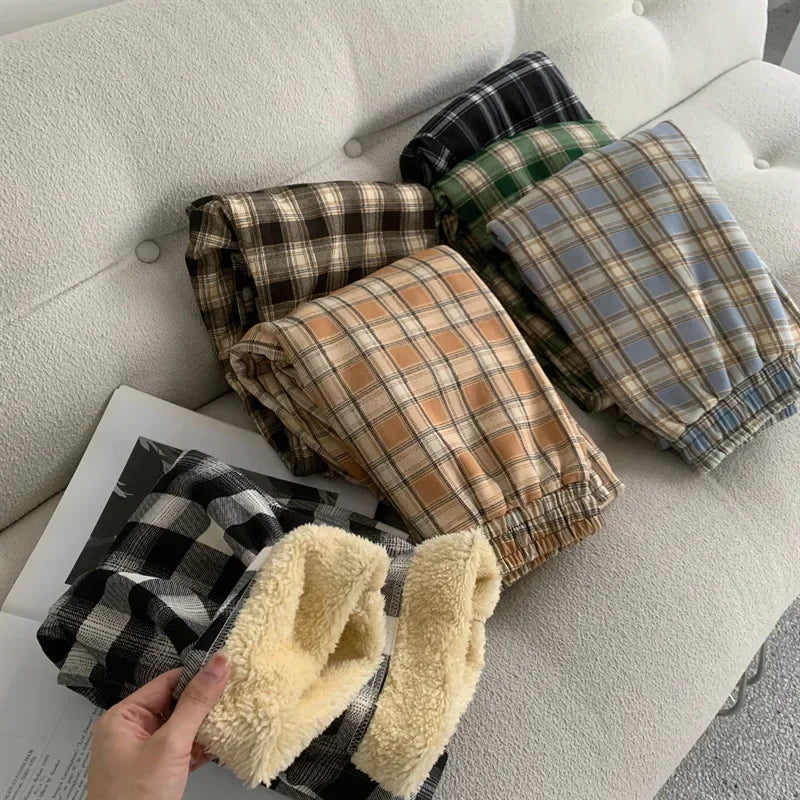 Fashion Warm Plush Pants Cashmere Thick Plaid Ladies Winter Casual Loose Wide-Legged Pants Korean Streetwear Students