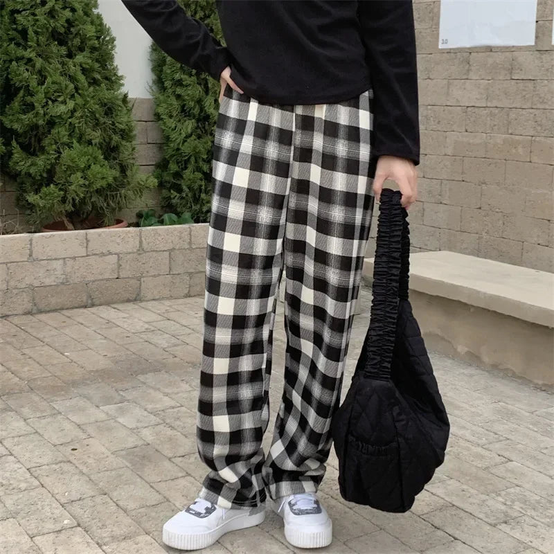 Fashion Warm Plush Pants Cashmere Thick Plaid Ladies Winter Casual Loose Wide-Legged Pants Korean Streetwear Students