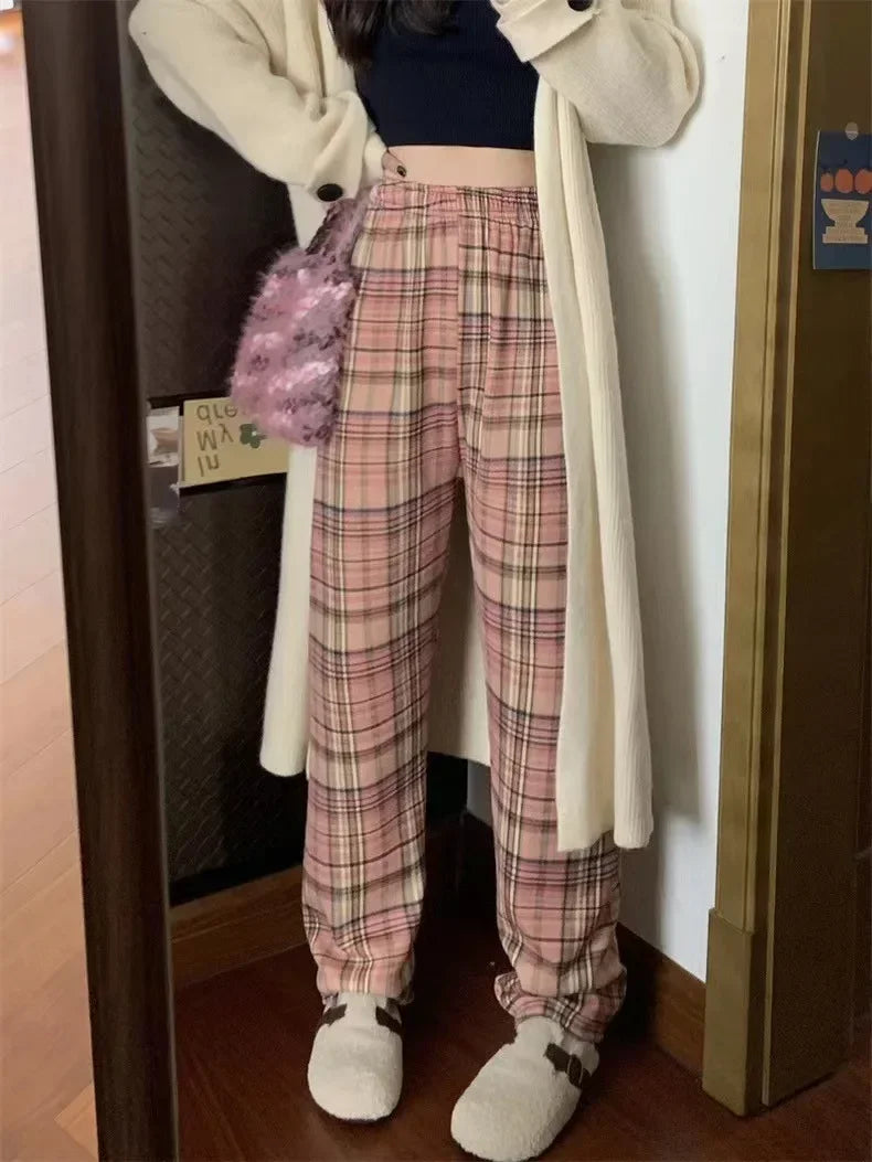 Fashion Warm Plush Pants Cashmere Thick Plaid Ladies Winter Casual Loose Wide-Legged Pants Korean Streetwear Students