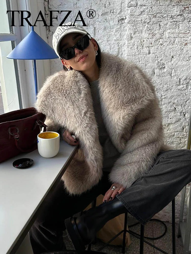 TRAF 2024 Women Fashion Cropped Faux Fur Jacket Coat Long Sleeve Front Snap-Button Female Outerwear Chic Lapel Collar Thick Coat