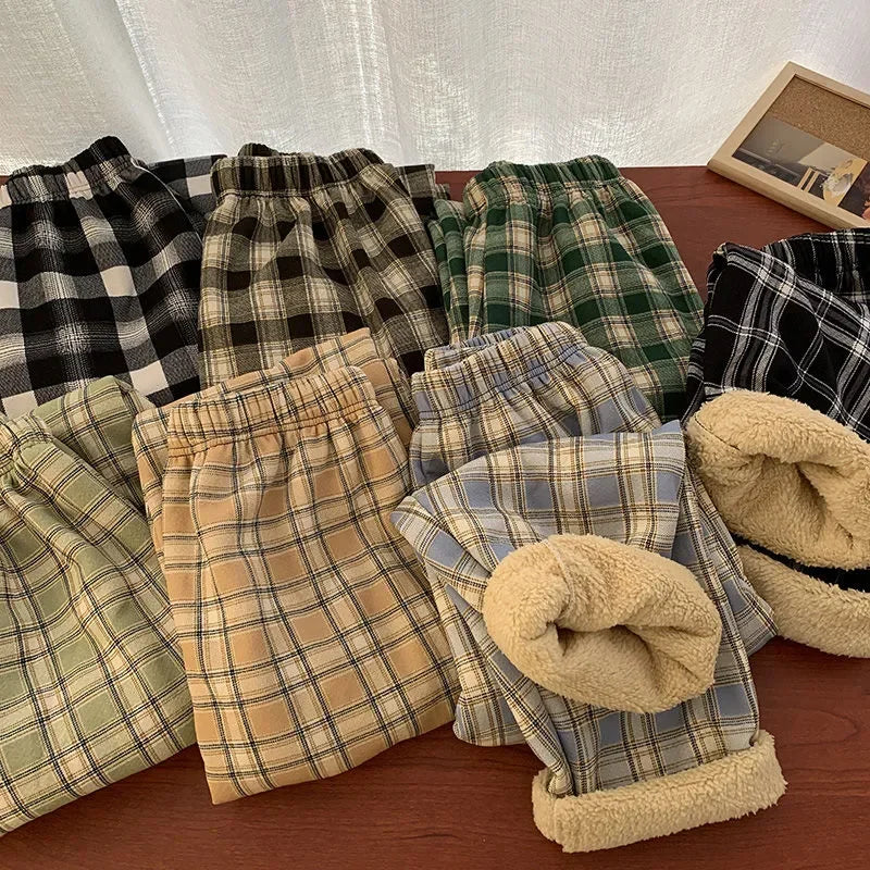 Fashion Warm Plush Pants Cashmere Thick Plaid Ladies Winter Casual Loose Wide-Legged Pants Korean Streetwear Students