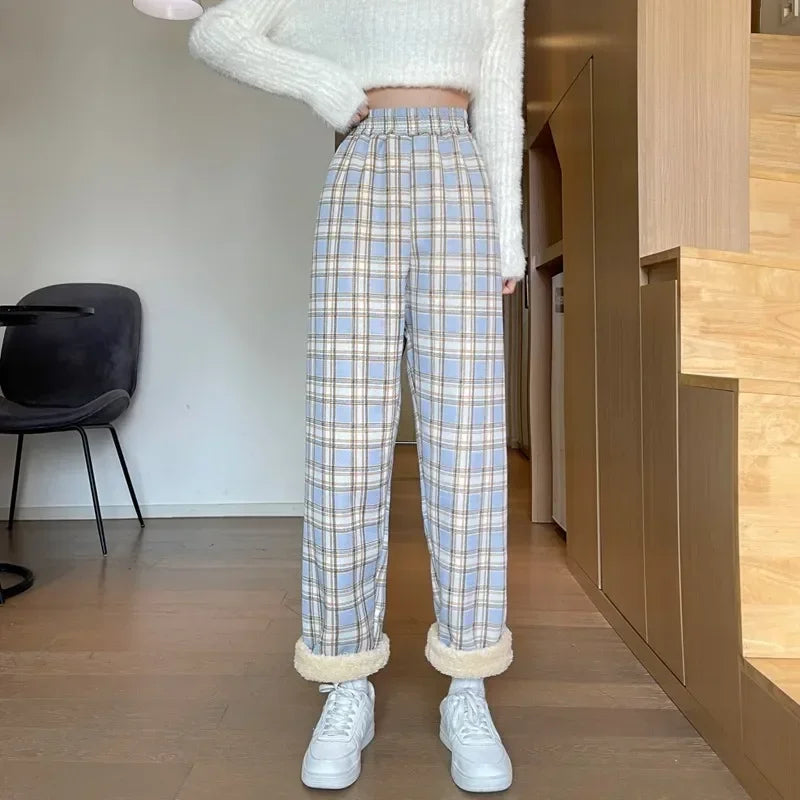 Fashion Warm Plush Pants Cashmere Thick Plaid Ladies Winter Casual Loose Wide-Legged Pants Korean Streetwear Students