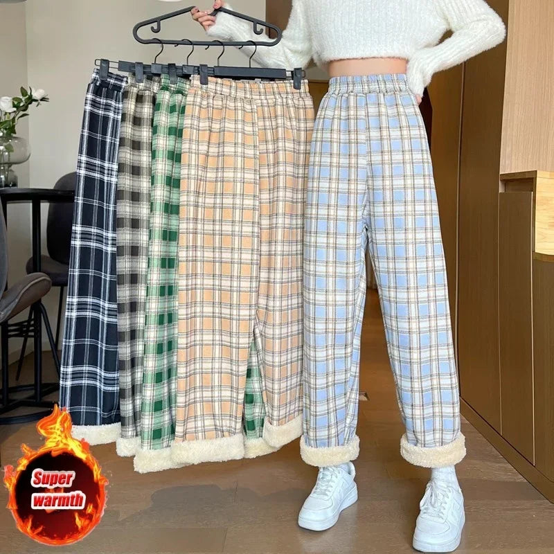 Fashion Warm Plush Pants Cashmere Thick Plaid Ladies Winter Casual Loose Wide-Legged Pants Korean Streetwear Students