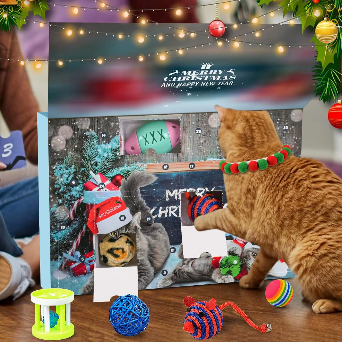 Cat Advent Calendar 2025 Christmas Interactive Toys for Indoor Christmas Gifts Fake Mouse Bell Balls for Cat Lover Gifts