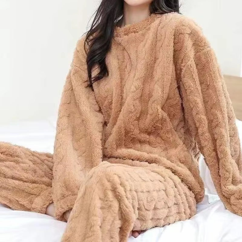 Women Warm 2 Piece Sets Thicken Velvet Ribbed Fleece Set Pullover and Pants Casual Pajama Sets Women Autumn Winter 2024