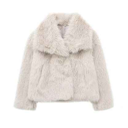 TRAF 2024 Women Fashion Cropped Faux Fur Jacket Coat Long Sleeve Front Snap-Button Female Outerwear Chic Lapel Collar Thick Coat