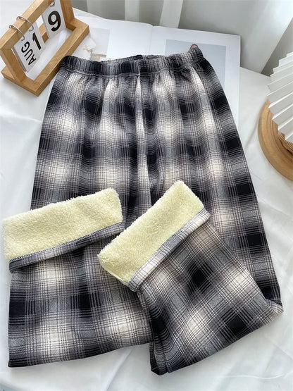 Fashion Warm Plush Pants Cashmere Thick Plaid Ladies Winter Casual Loose Wide-Legged Pants Korean Streetwear Students