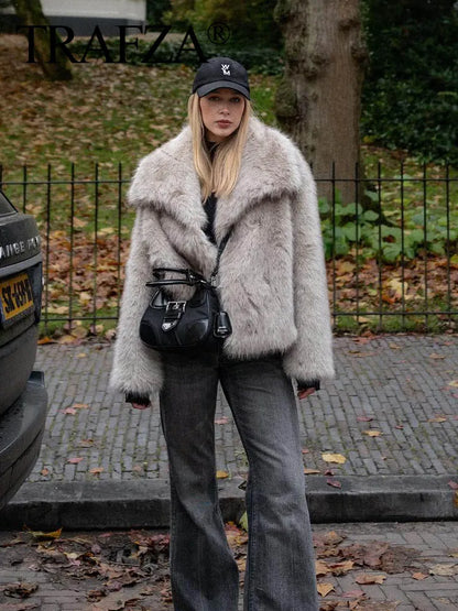 TRAF 2024 Women Fashion Cropped Faux Fur Jacket Coat Long Sleeve Front Snap-Button Female Outerwear Chic Lapel Collar Thick Coat