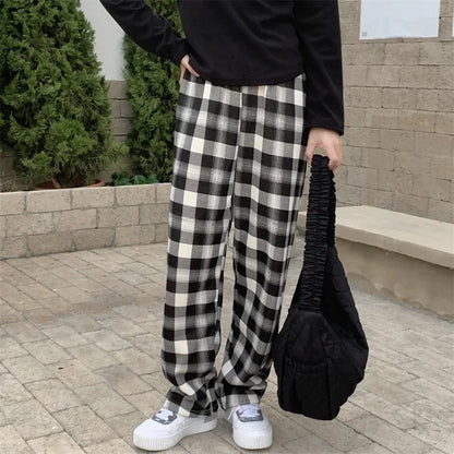 Fashion Warm Plush Pants Cashmere Thick Plaid Ladies Winter Casual Loose Wide-Legged Pants Korean Streetwear Students
