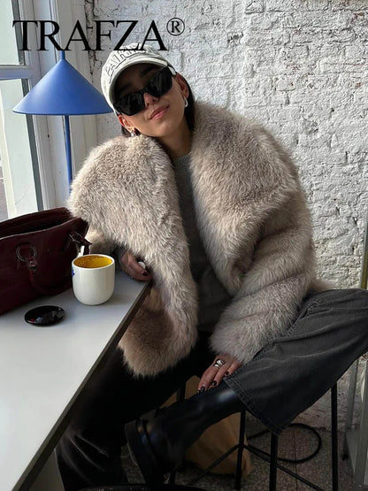 TRAF 2024 Women Fashion Cropped Faux Fur Jacket Coat Long Sleeve Front Snap-Button Female Outerwear Chic Lapel Collar Thick Coat