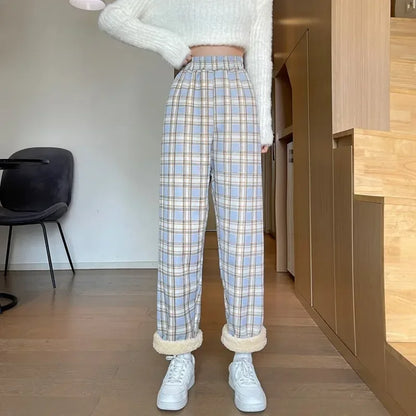 Fashion Warm Plush Pants Cashmere Thick Plaid Ladies Winter Casual Loose Wide-Legged Pants Korean Streetwear Students